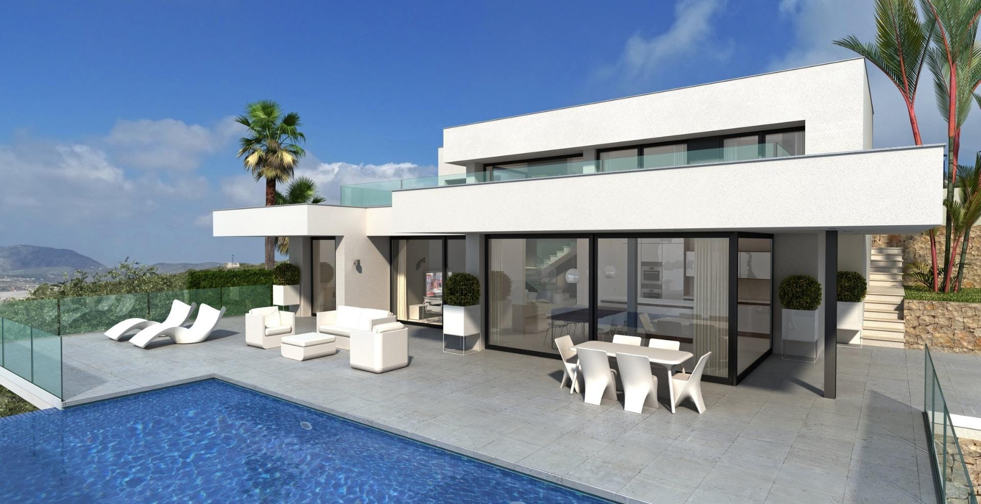 Daytime rendering of the villa and private infinity pool in Cumbre del Sol, Benitachell, Alicante
