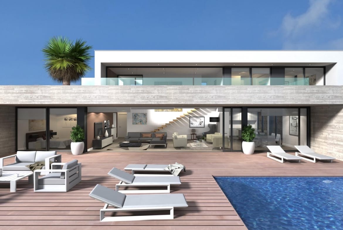 Front elevation rendering of the villa and private pool terrace in Cumbre del Sol, Benitachell, Alicante