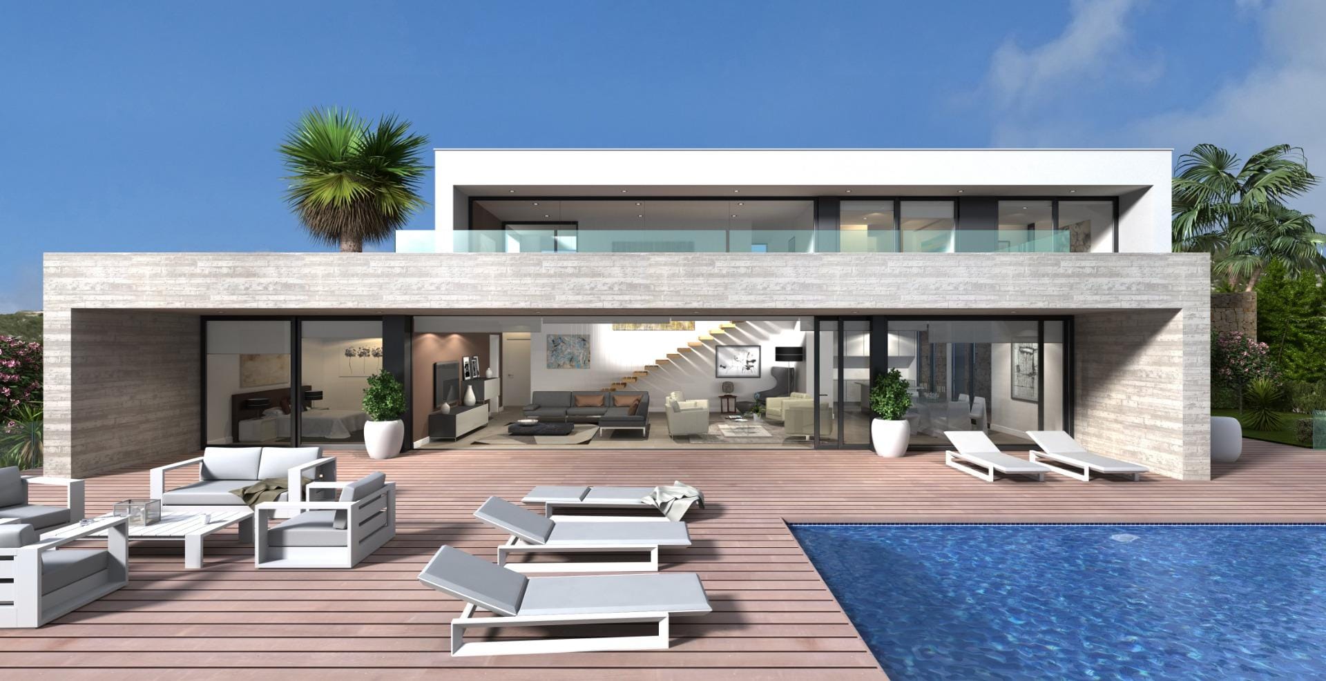 Front elevation rendering of the villa and private pool terrace in Cumbre del Sol, Benitachell, Alicante