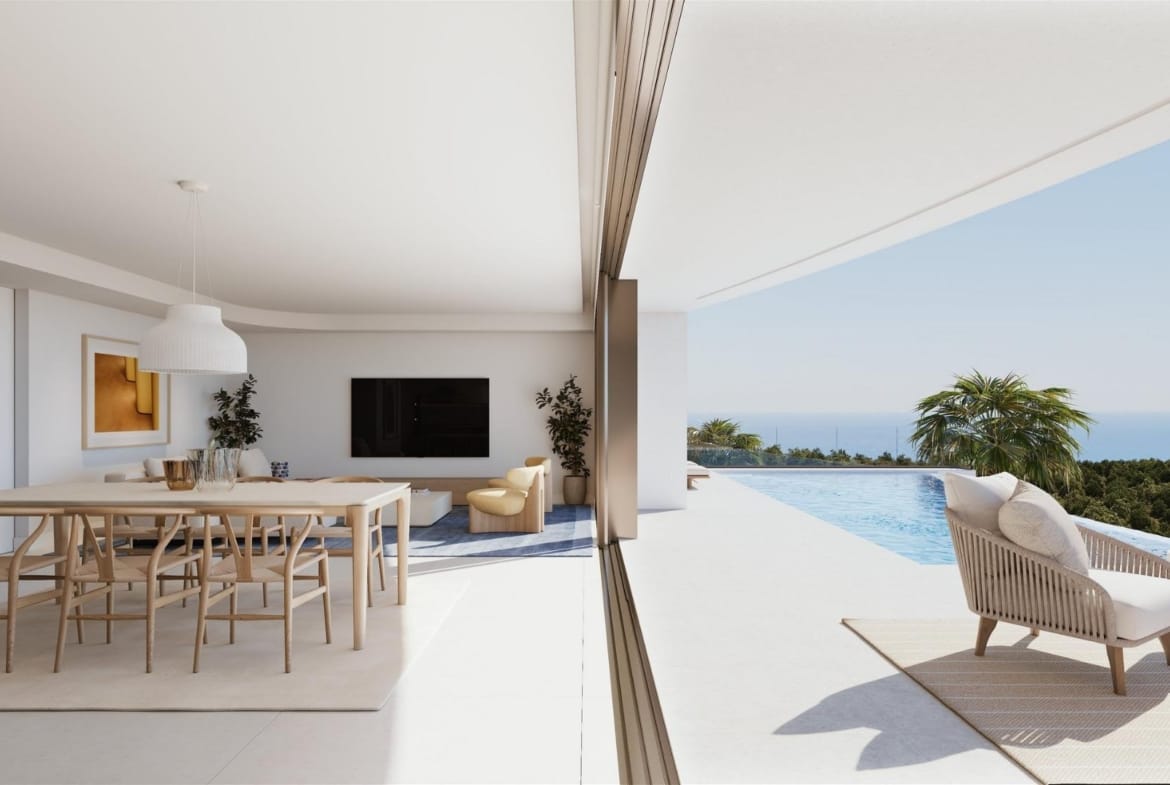 Rendering of sliding glazing linking the living area and pool terrace in Cumbre del Sol, Benitachell, Alicante