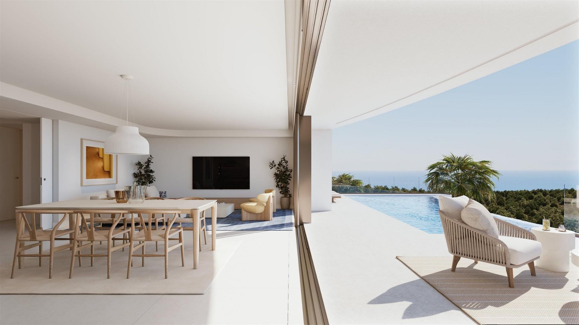 Rendering of sliding glazing linking the living area and pool terrace in Cumbre del Sol, Benitachell, Alicante