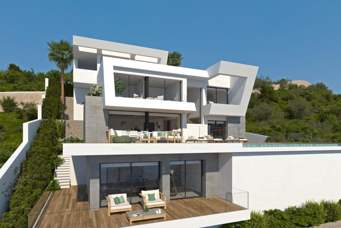 Rendering of a hillside villa with a separate lower room and terrace in Cumbre del Sol, Benitachell, Alicante