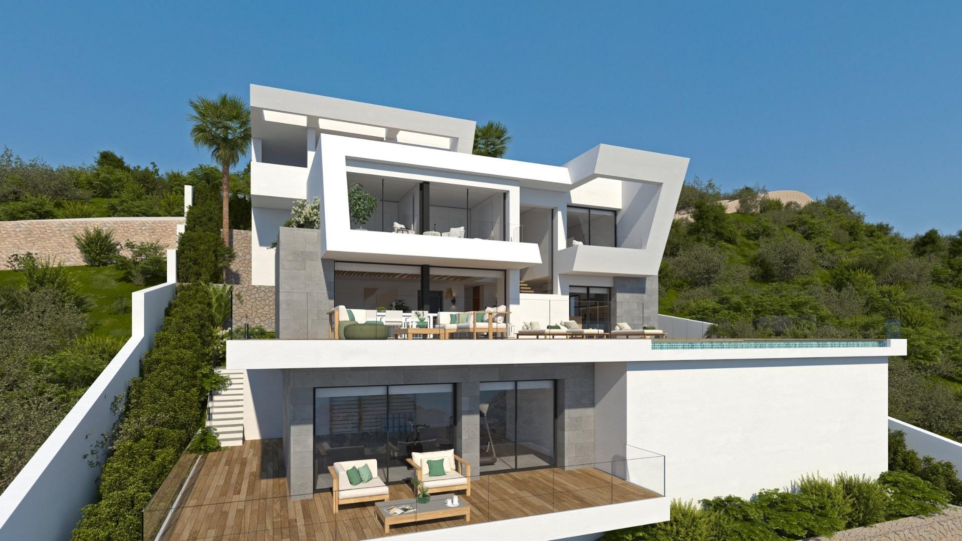Rendering of a hillside villa with a separate lower room and terrace in Cumbre del Sol, Benitachell, Alicante