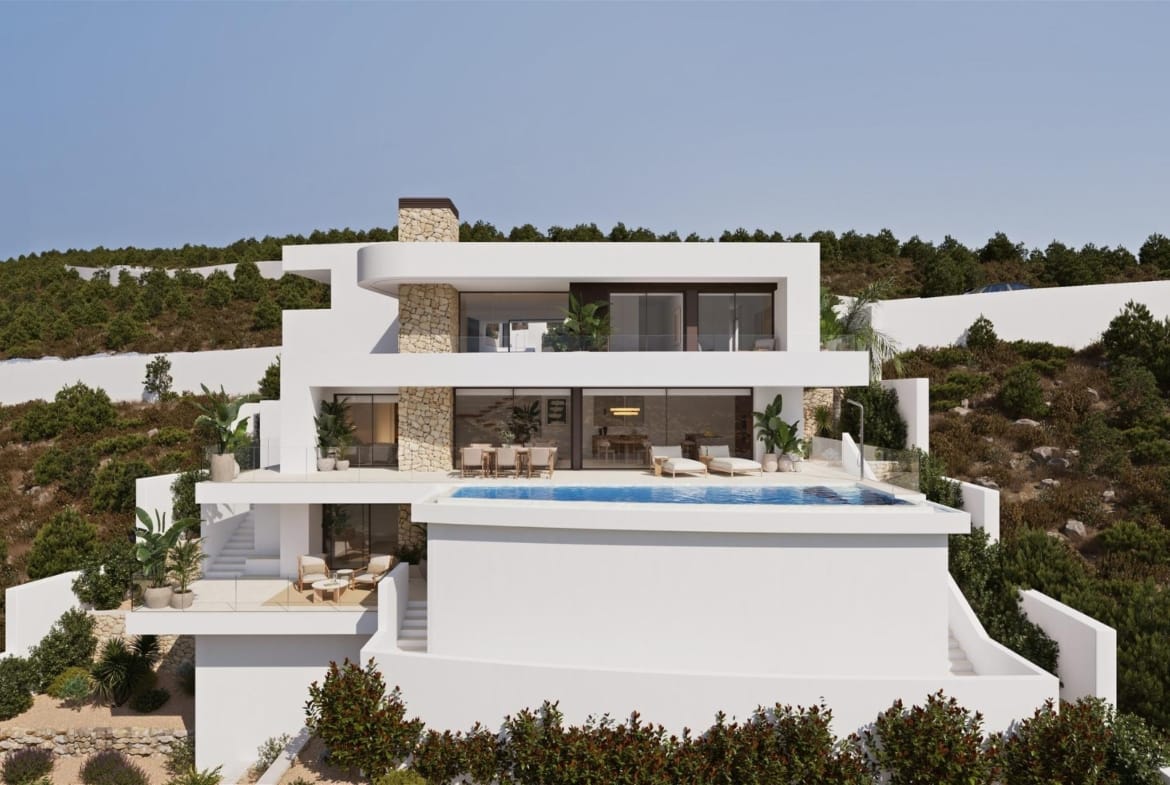 Front elevation rendering of a villa with broad terraces and landscaped surroundings in Cumbre del Sol, Benitachell, Alicante