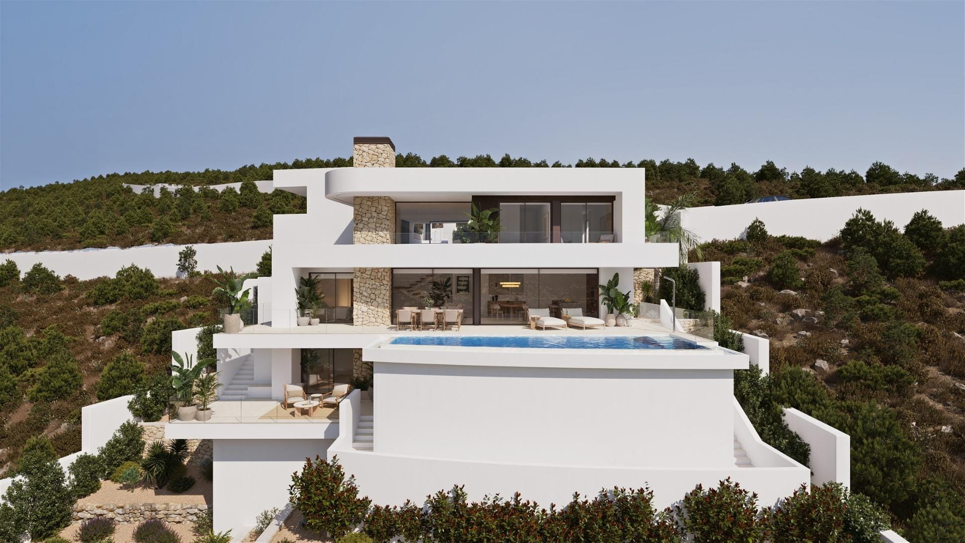 Front elevation rendering of a villa with broad terraces and landscaped surroundings in Cumbre del Sol, Benitachell, Alicante