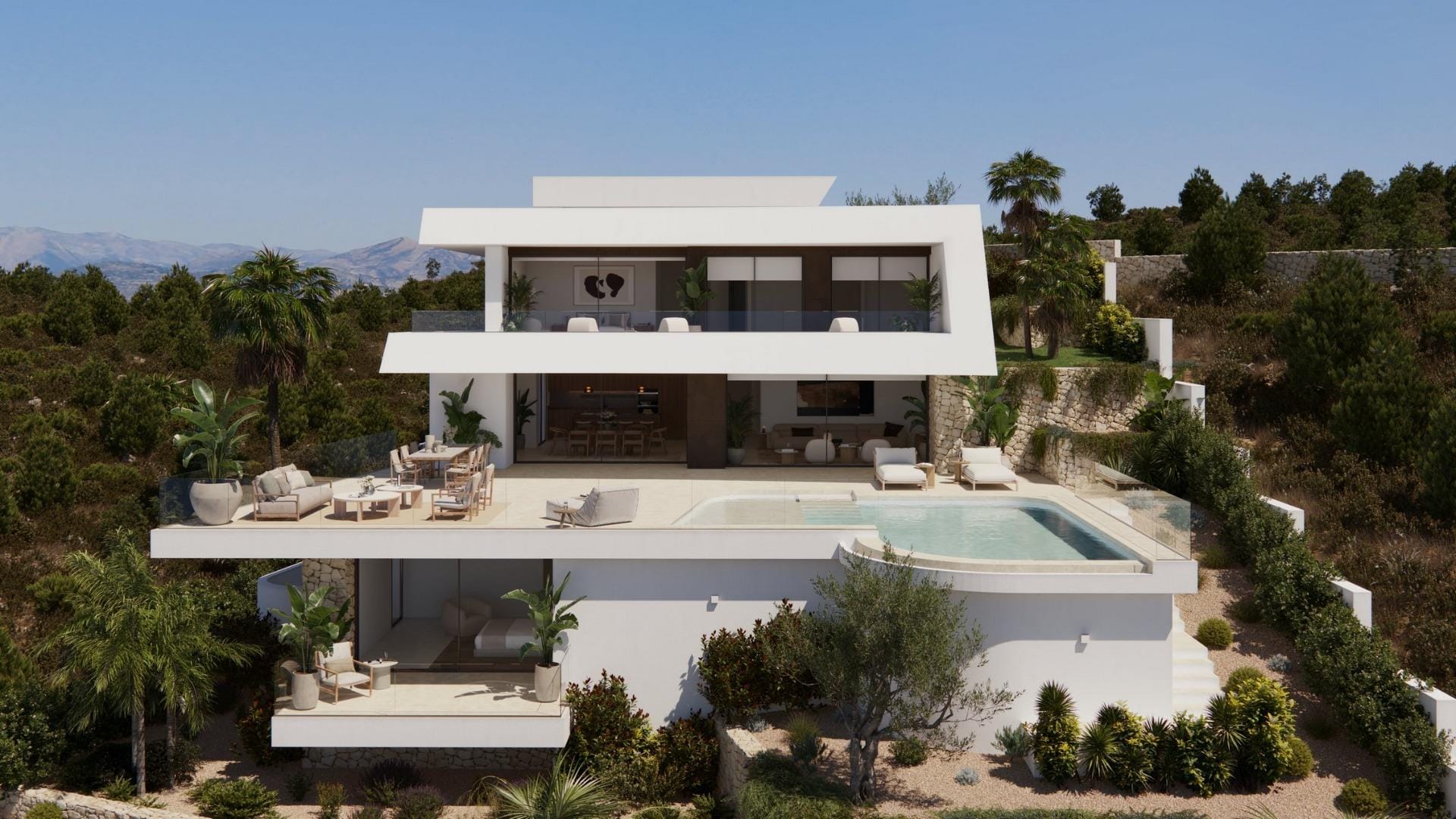 Front elevation rendering showing the villa across three levels in Cumbre del Sol, Benitachell, Alicante
