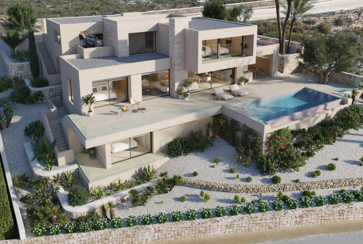 Aerial rendering of the villa, private pool and landscaped garden in Cumbre del Sol, Benitachell, Alicante