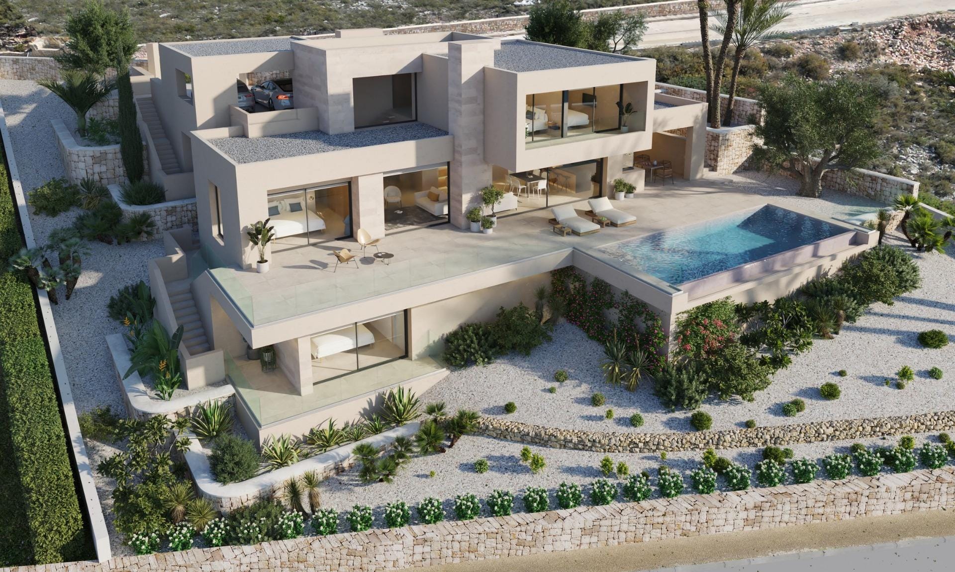 Aerial rendering of the villa, private pool and landscaped garden in Cumbre del Sol, Benitachell, Alicante