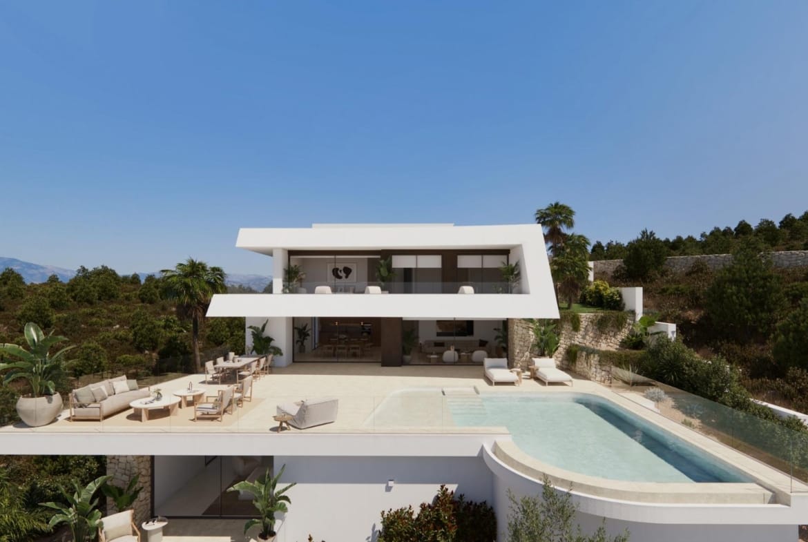 Rendering of the private pool terrace and contemporary villa with sea views in Cumbre del Sol, Benitachell, Alicante