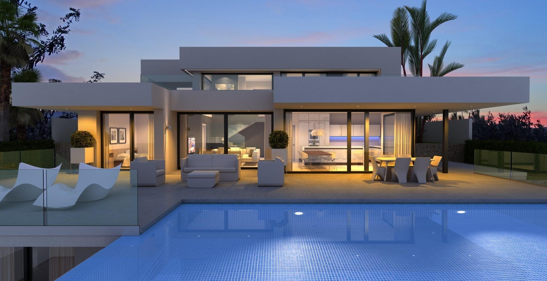 Dusk rendering of an illuminated villa beside its private swimming pool in Cumbre del Sol, Benitachell, Alicante