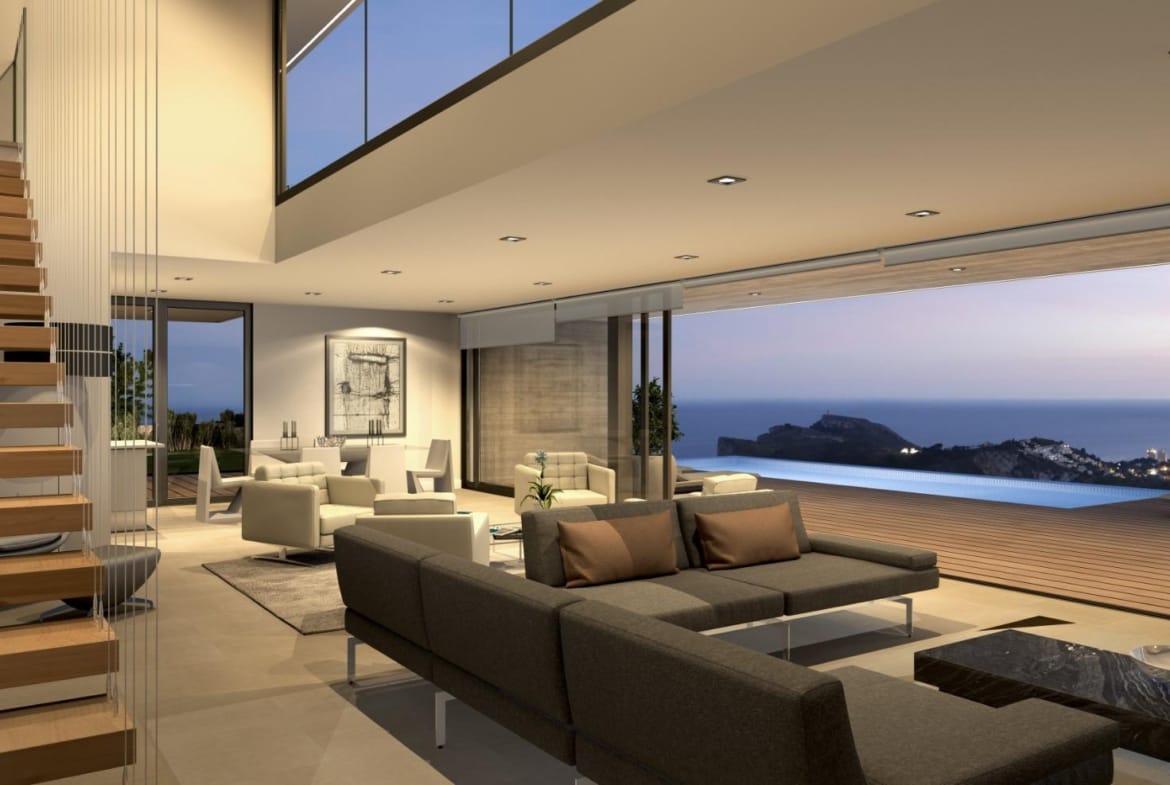 Evening interior rendering of a living room with a staircase and sea views in Cumbre del Sol, Benitachell, Alicante