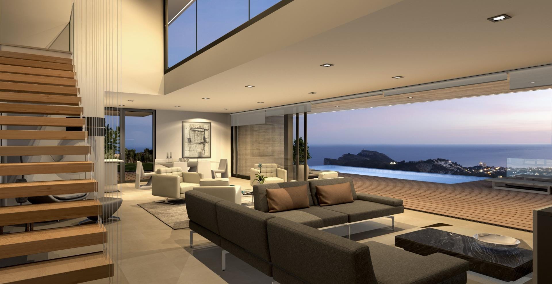 Evening interior rendering of a living room with a staircase and sea views in Cumbre del Sol, Benitachell, Alicante