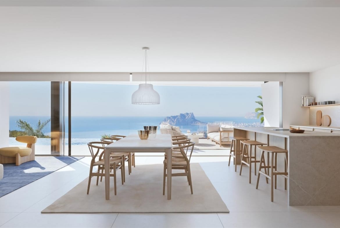 Rendering of a dining room and island kitchen facing panoramic sea views in Cumbre del Sol, Benitachell, Alicante
