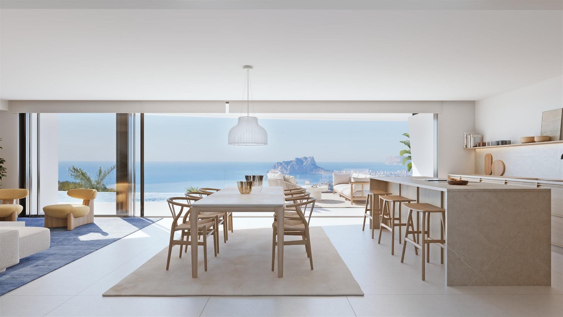 Rendering of a dining room and island kitchen facing panoramic sea views in Cumbre del Sol, Benitachell, Alicante