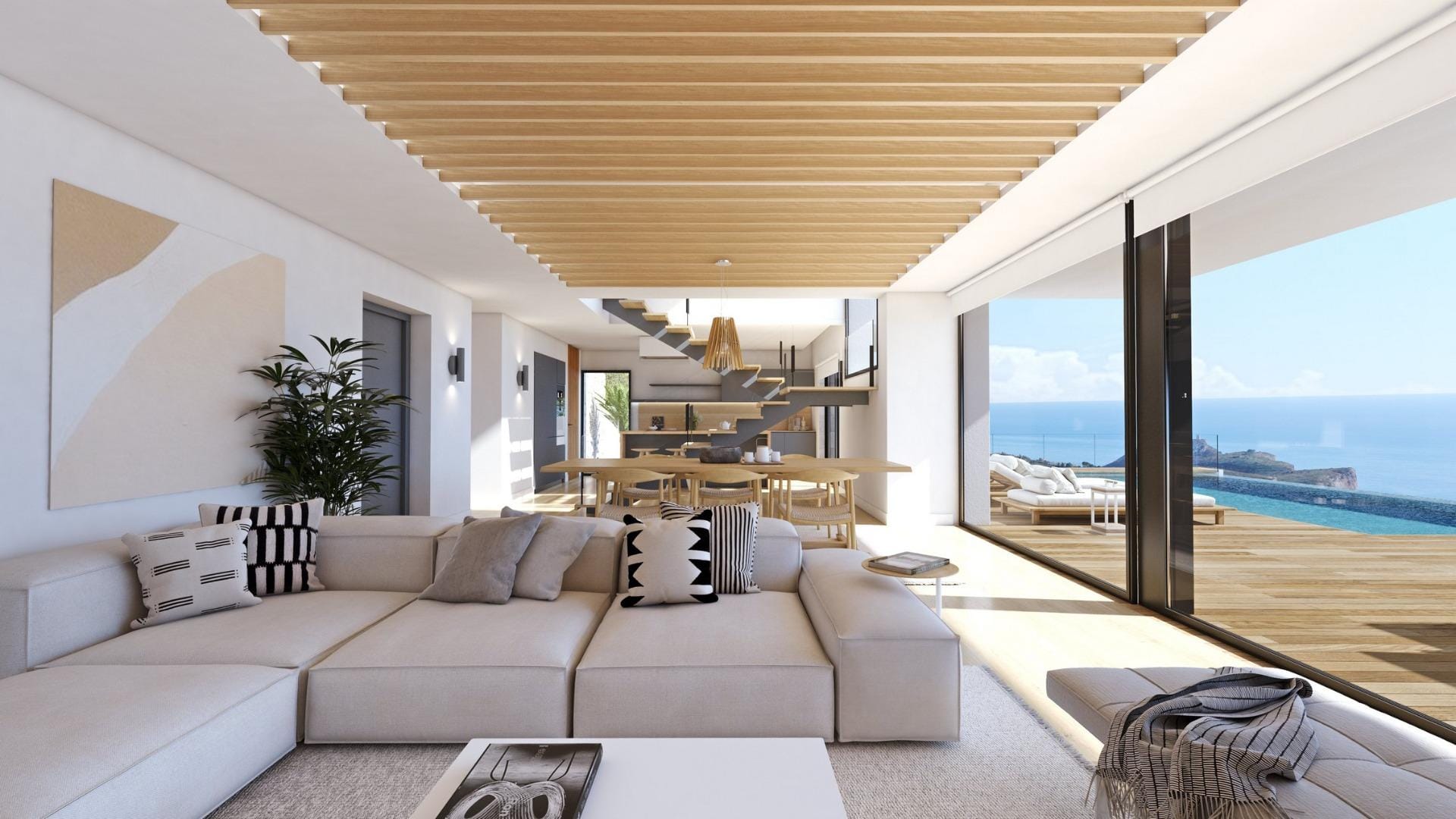 Rendering of an open living room with timber ceiling details and broad sea-view windows in Cumbre del Sol, Benitachell, Alicante