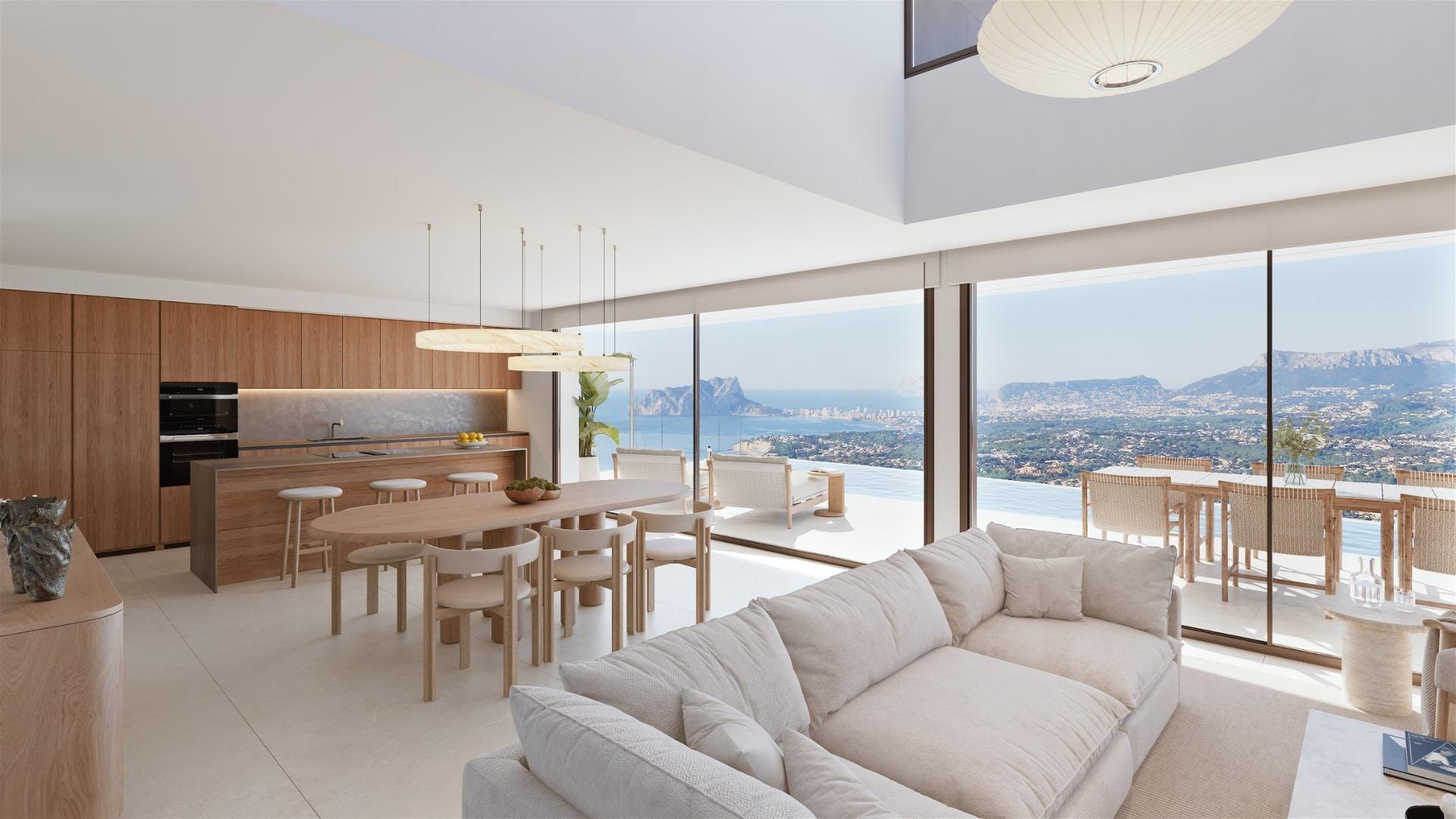 Rendering of an open living room and wood-finished kitchen facing the sea in Cumbre del Sol, Benitachell, Alicante