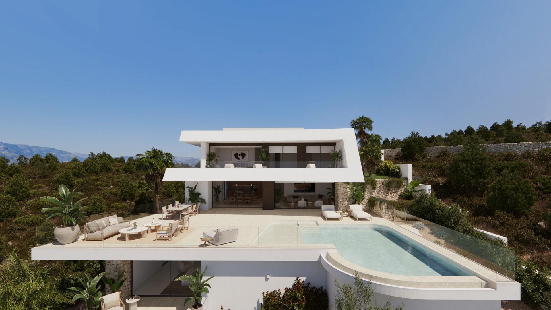 Rendering of the private pool terrace and contemporary villa with sea views in Cumbre del Sol, Benitachell, Alicante