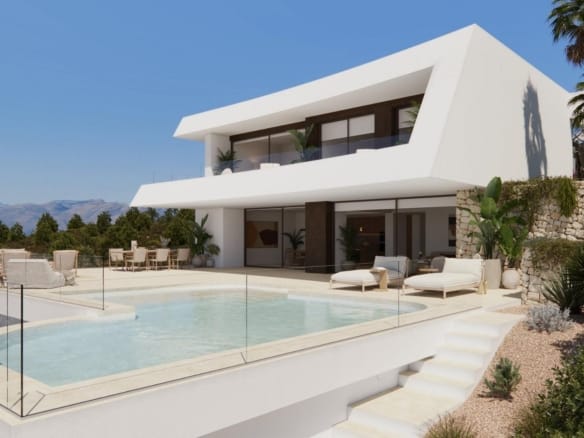 Rendering of a white contemporary villa beside a curved private swimming pool in Cumbre del Sol, Benitachell, Alicante