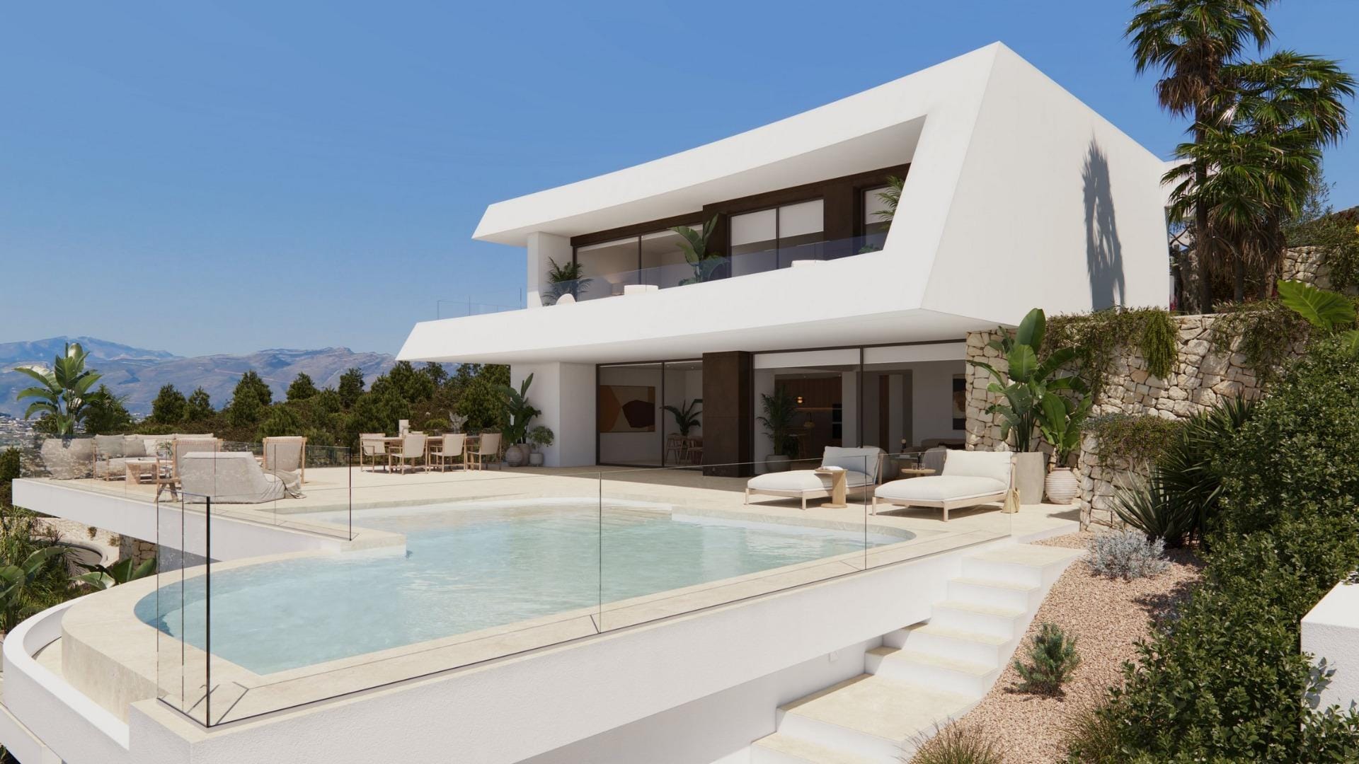 Rendering of a white contemporary villa beside a curved private swimming pool in Cumbre del Sol, Benitachell, Alicante
