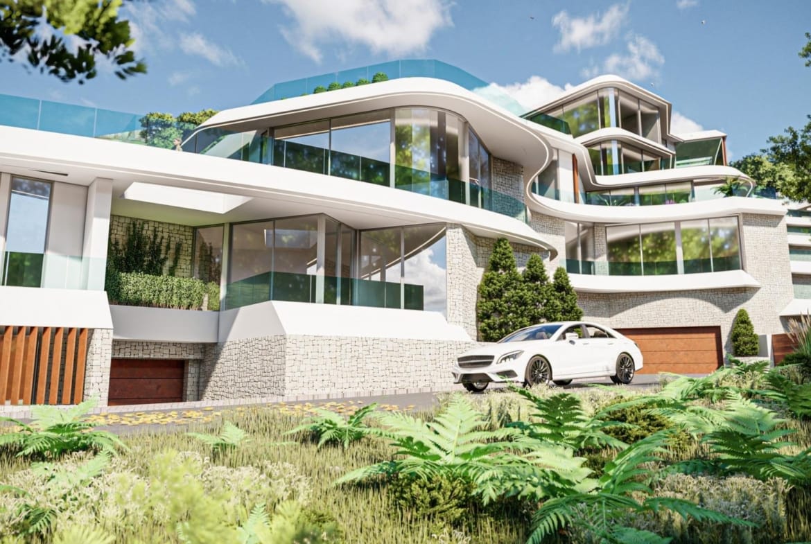 Development rendering showing curved apartment terraces, gardens and contemporary facades in Mascarat, Calpe, Alicante