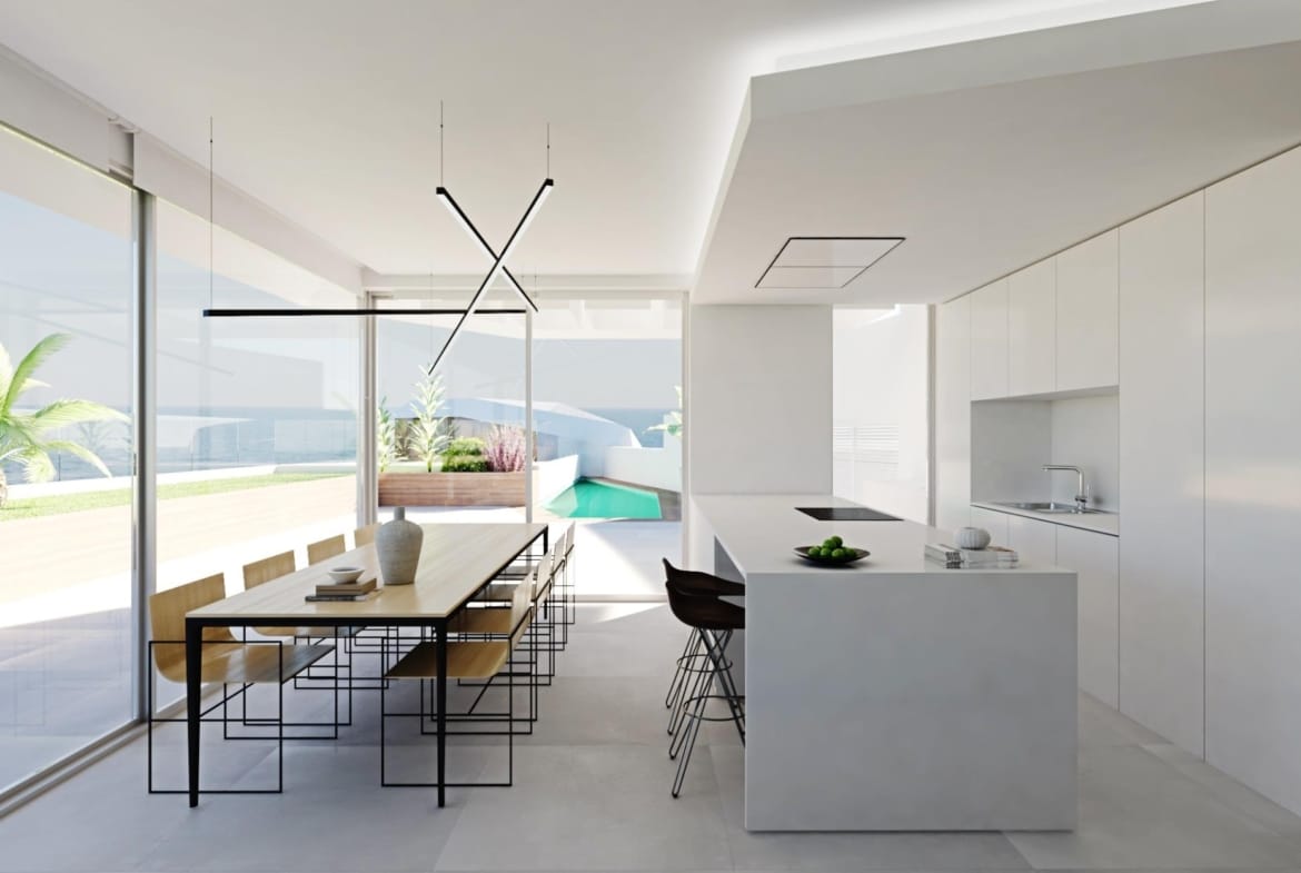 Kitchen and dining area rendering with a central island and wide glazing towards a terrace in Mascarat, Calpe, Alicante