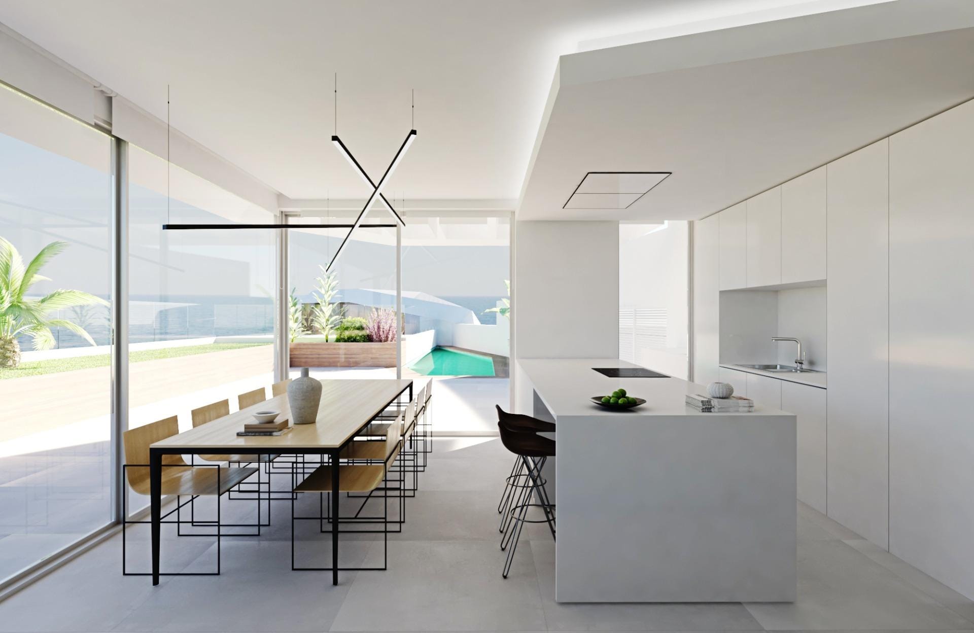 Kitchen and dining area rendering with a central island and wide glazing towards a terrace in Mascarat, Calpe, Alicante