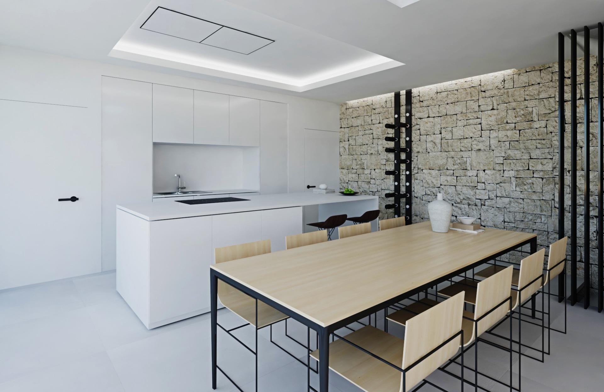 Open-plan dining and kitchen rendering with a stone wall and dark vertical screening in Mascarat, Calpe, Alicante
