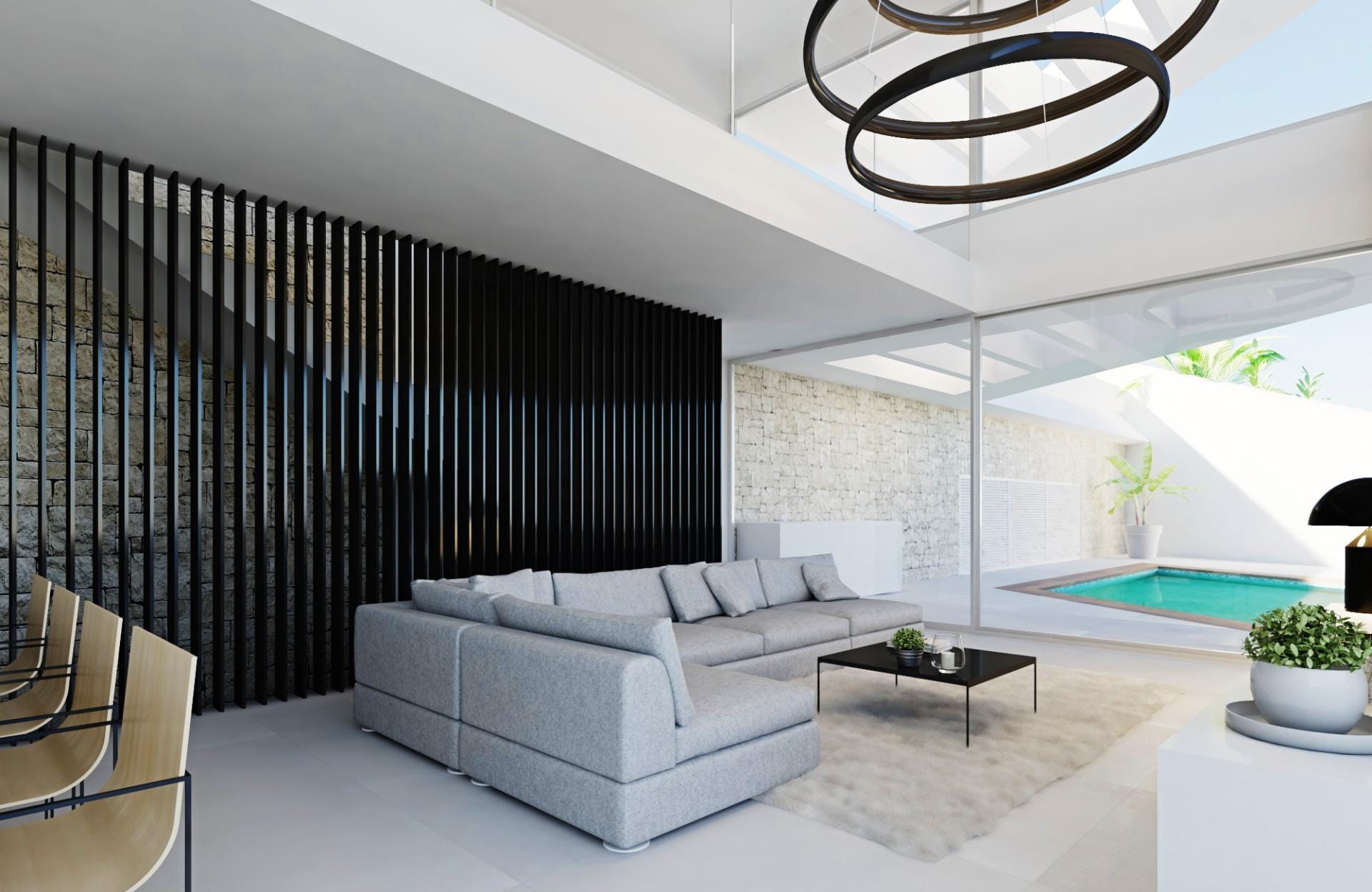 Living room rendering with a pale sofa, dark vertical screening and access to a pool terrace in Mascarat, Calpe, Alicante