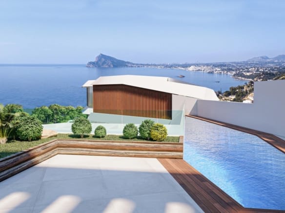 Private pool and terrace rendering with panoramic views across the Mediterranean Sea in Mascarat, Calpe, Alicante