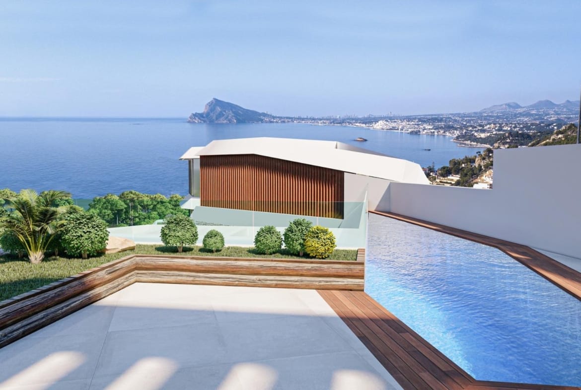 Pool terrace render overlooking the Mediterranean coast in Mascarat, Calpe, Alicante
