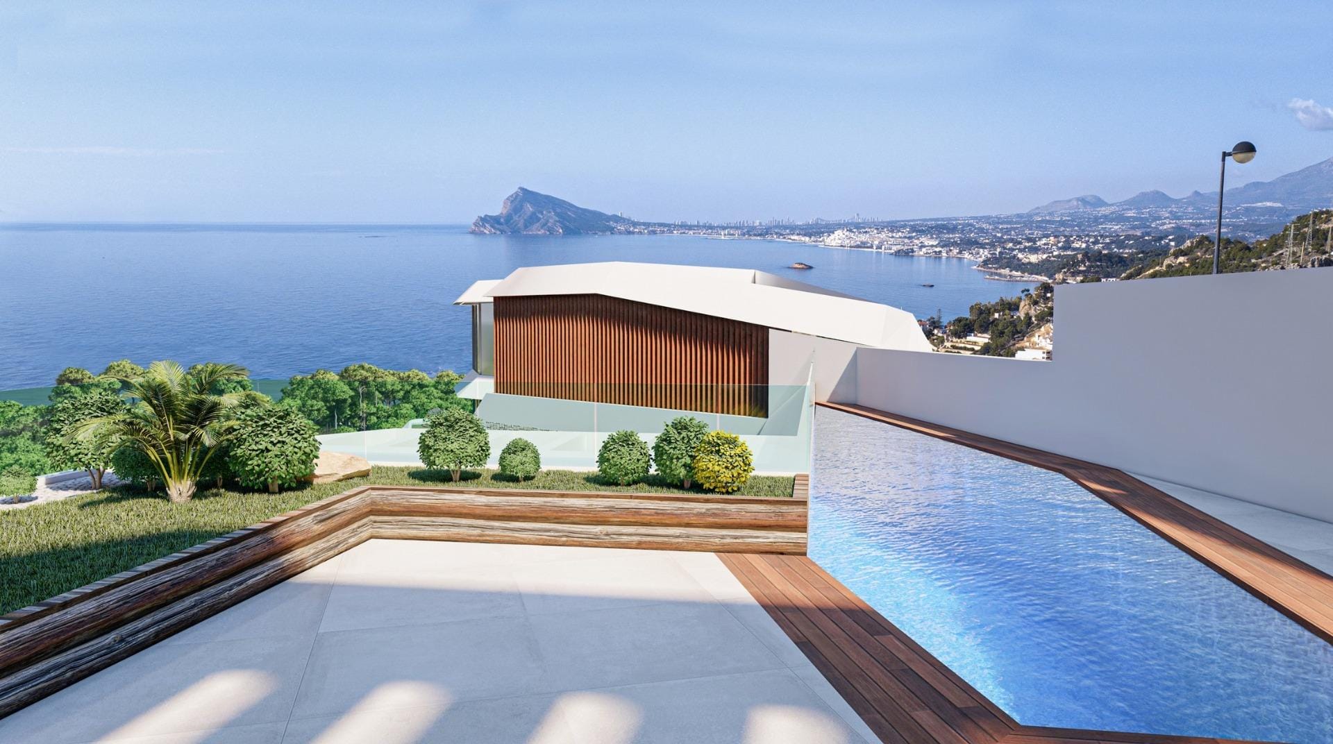 Architectural rendering of a pool terrace overlooking the Mediterranean Sea in Mascarat, Calpe, Alicante