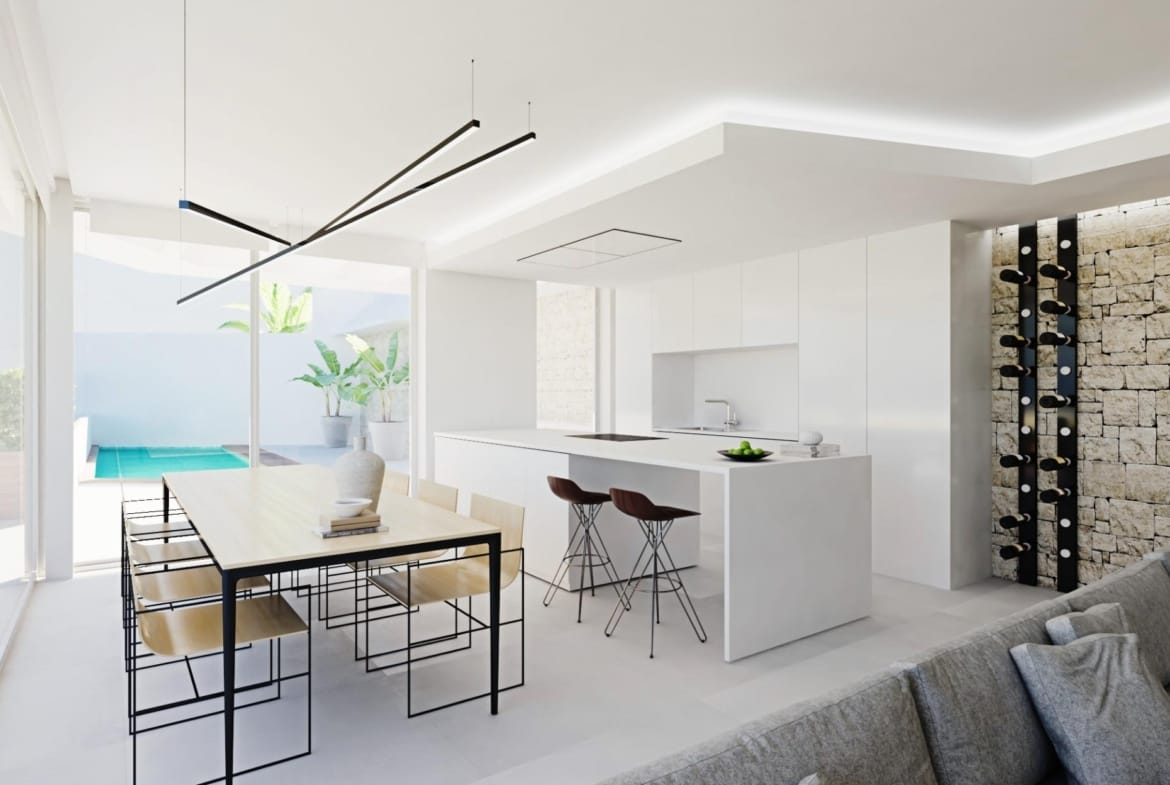 Open-plan kitchen and dining area rendering with an island and glazing towards a pool terrace in Mascarat, Calpe, Alicante