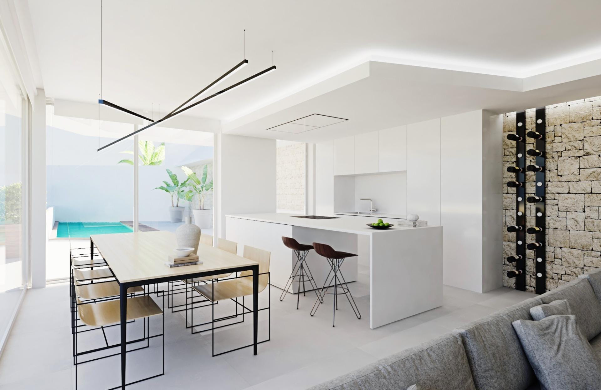 Open-plan kitchen and dining area rendering with an island and glazing towards a pool terrace in Mascarat, Calpe, Alicante
