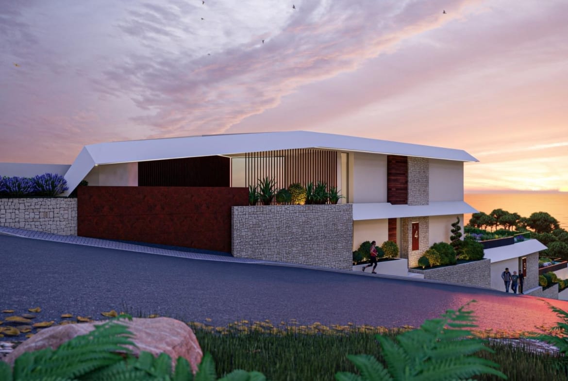 Street elevation render of the coastal development at sunset in Mascarat, Calpe, Alicante
