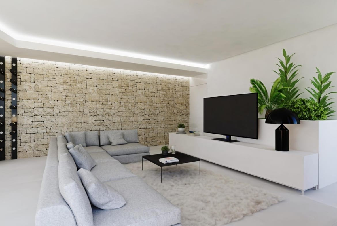 Living room rendering with a pale sofa, stone feature wall and integrated ceiling lighting in Mascarat, Calpe, Alicante