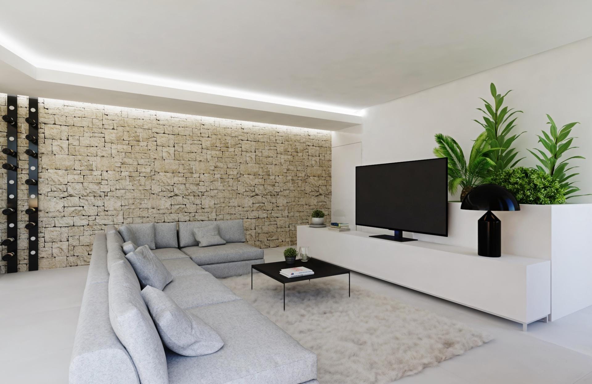 Living room rendering with a pale sofa, stone feature wall and integrated ceiling lighting in Mascarat, Calpe, Alicante