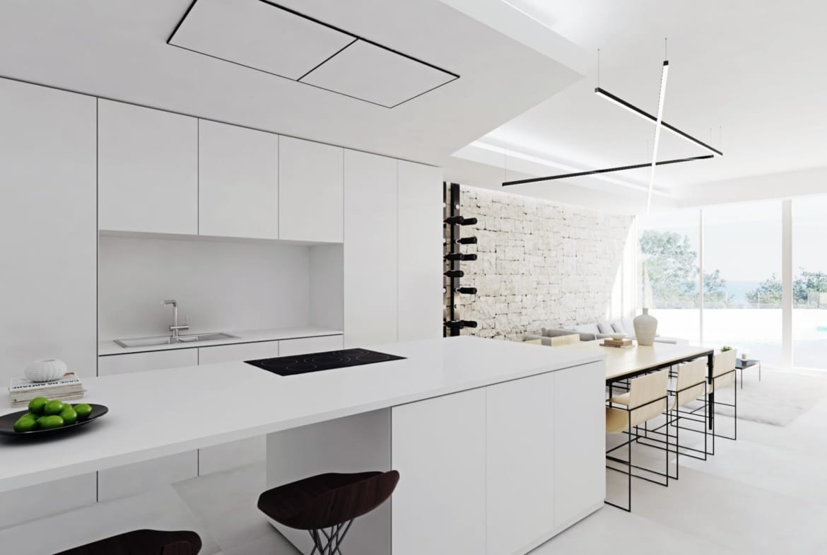 Open-plan kitchen render with island and dining area in Mascarat, Calpe, Alicante