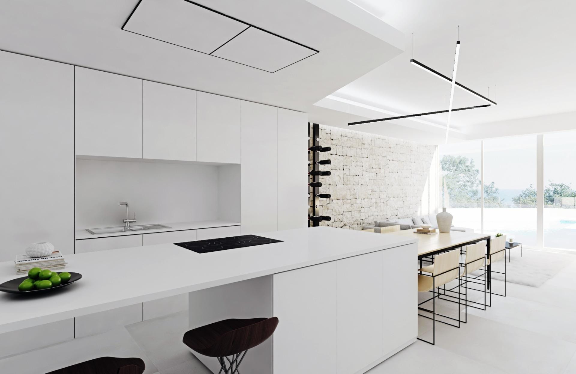 Open-plan kitchen render with island and dining area in Mascarat, Calpe, Alicante