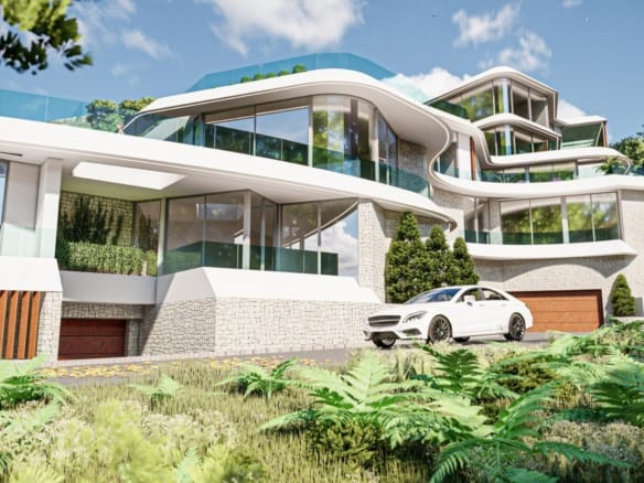 Development rendering showing curved terraces, landscaped gardens and glazed apartment facades in Mascarat, Calpe, Alicante