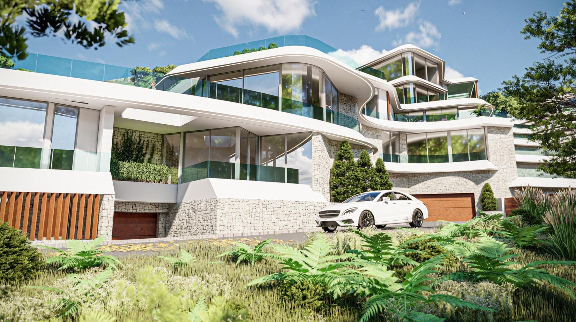 Development rendering showing curved terraces, landscaped gardens and glazed apartment facades in Mascarat, Calpe, Alicante