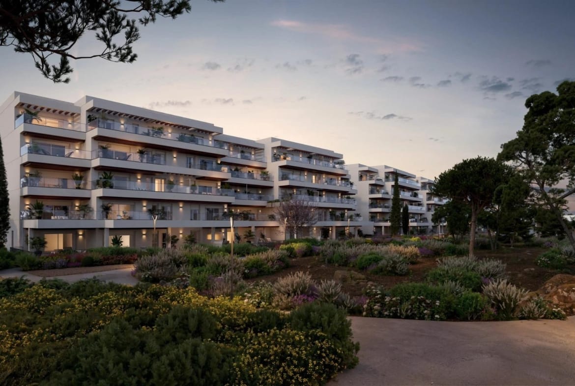 Evening view of modern apartment buildings in El Verger, Alicante