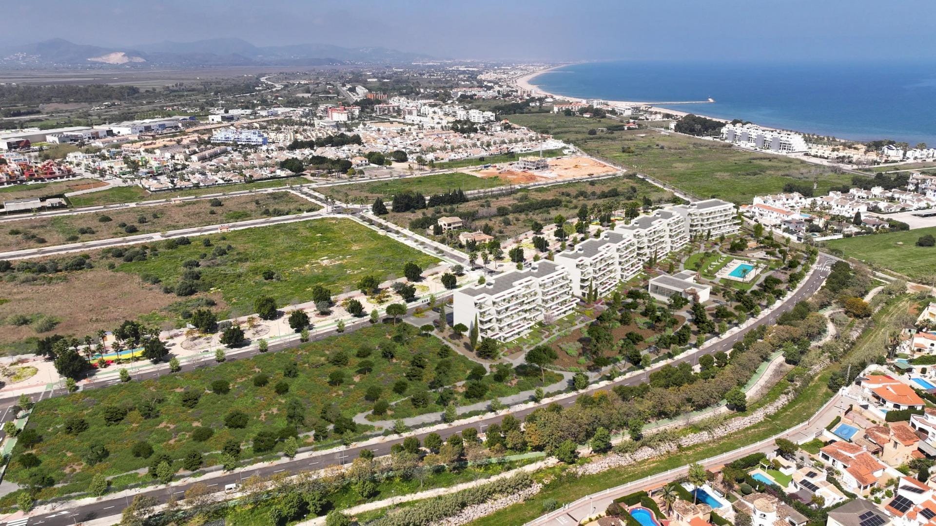 Aerial view of the residential complex near the coastline in El Verger, Alicante