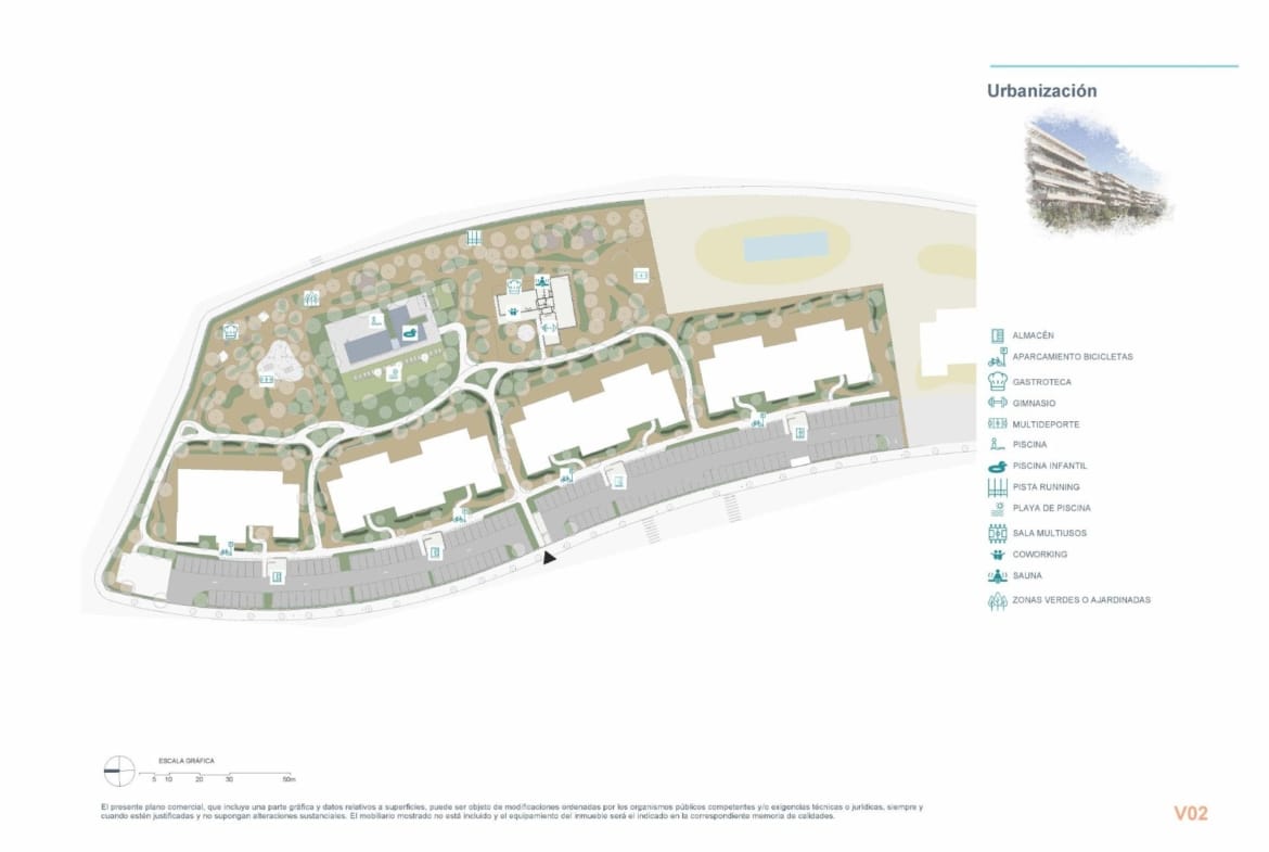 Site plan showing the buildings, gardens, pool and shared facilities