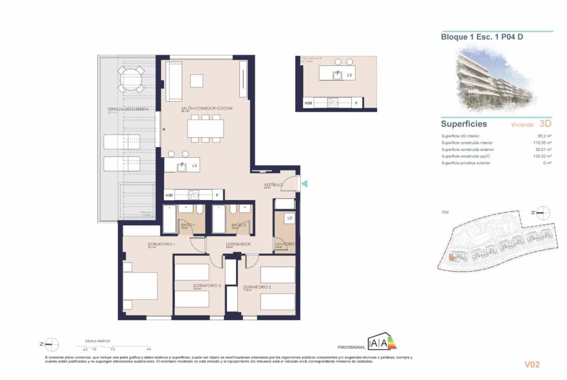 3 bedroom fourth-floor apartment plan with large terrace in El Verger, Alicante