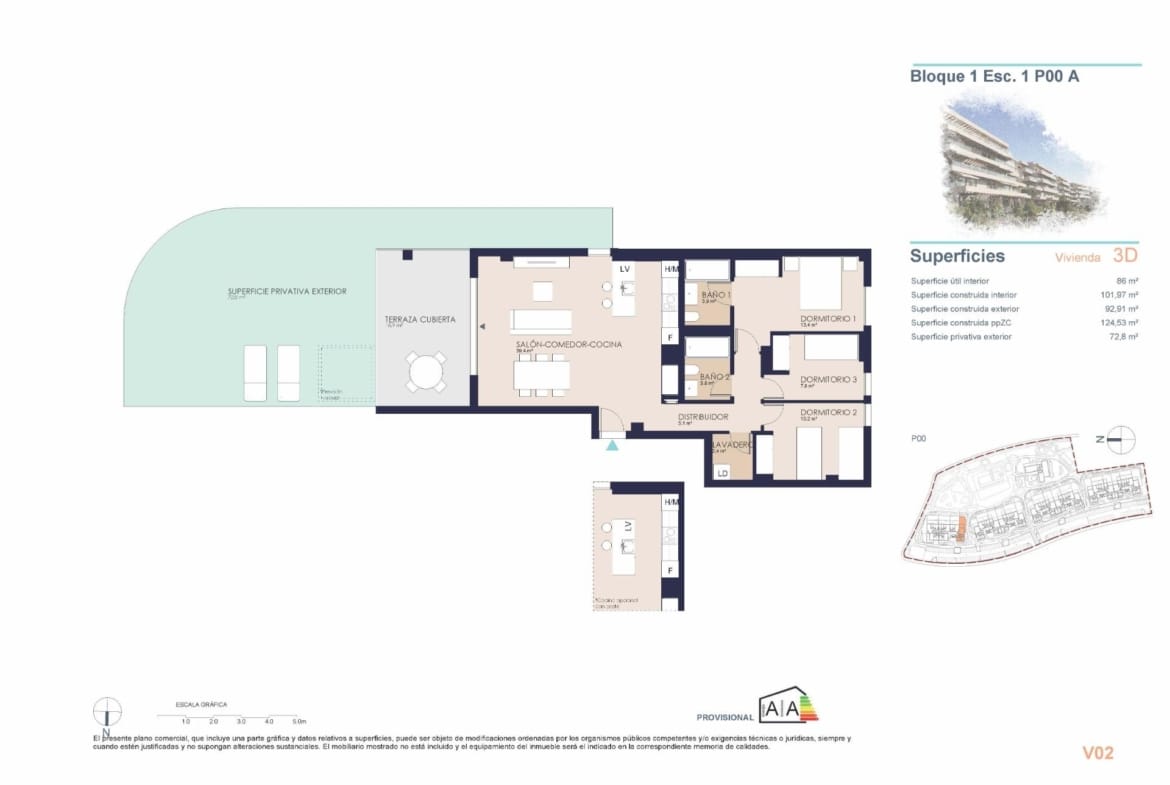3 bedroom ground-floor apartment plan with terrace and private garden area in El Verger, Alicante
