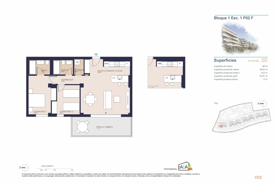 2 bedroom apartment plan with covered terrace in El Verger, Alicante