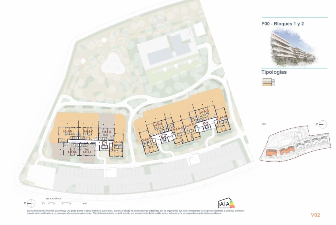 Ground floor layout plan for blocks 1 and 2 with apartment typologies