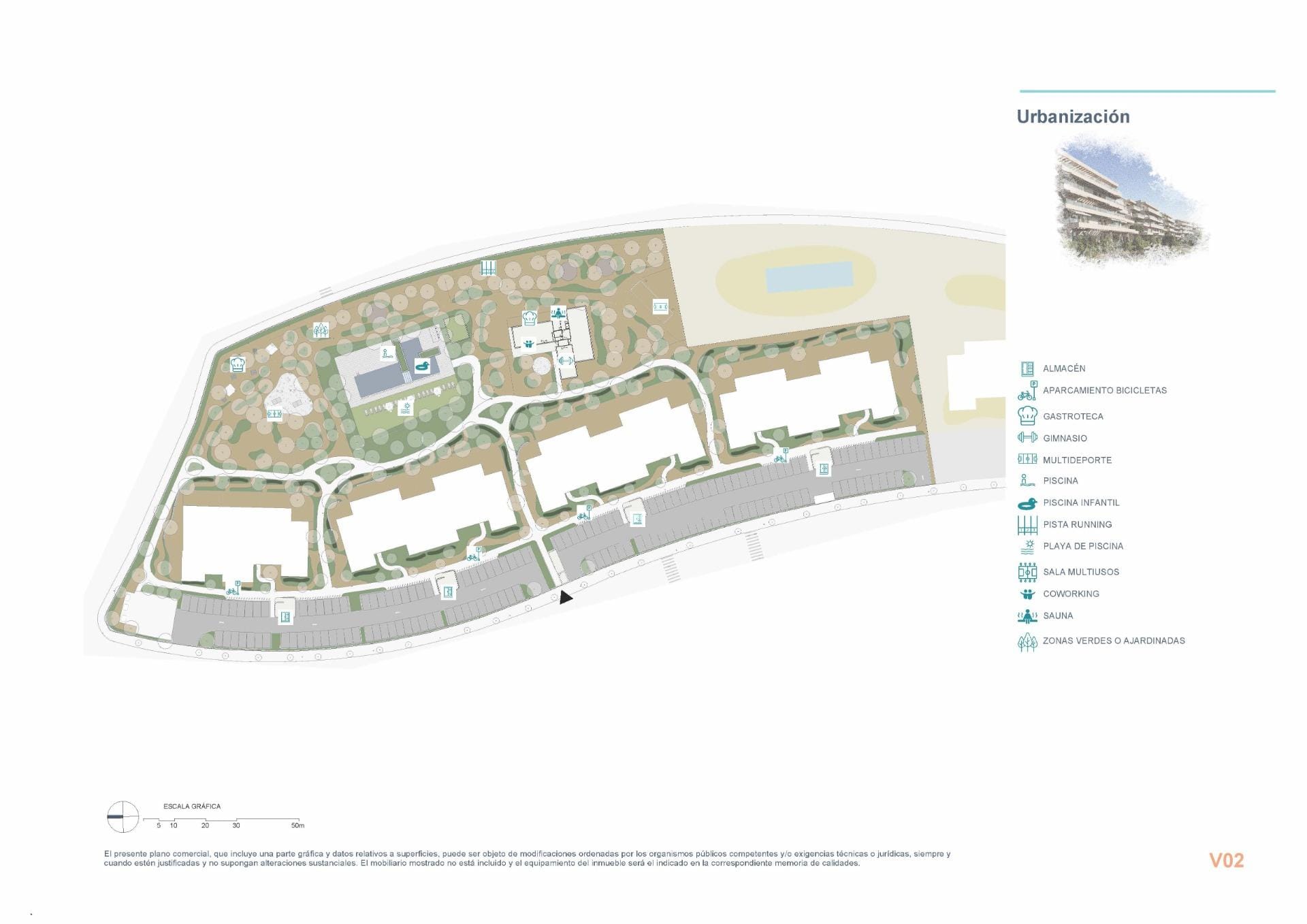 Site plan showing the apartment buildings, pool and communal facilities in El Verger, Alicante