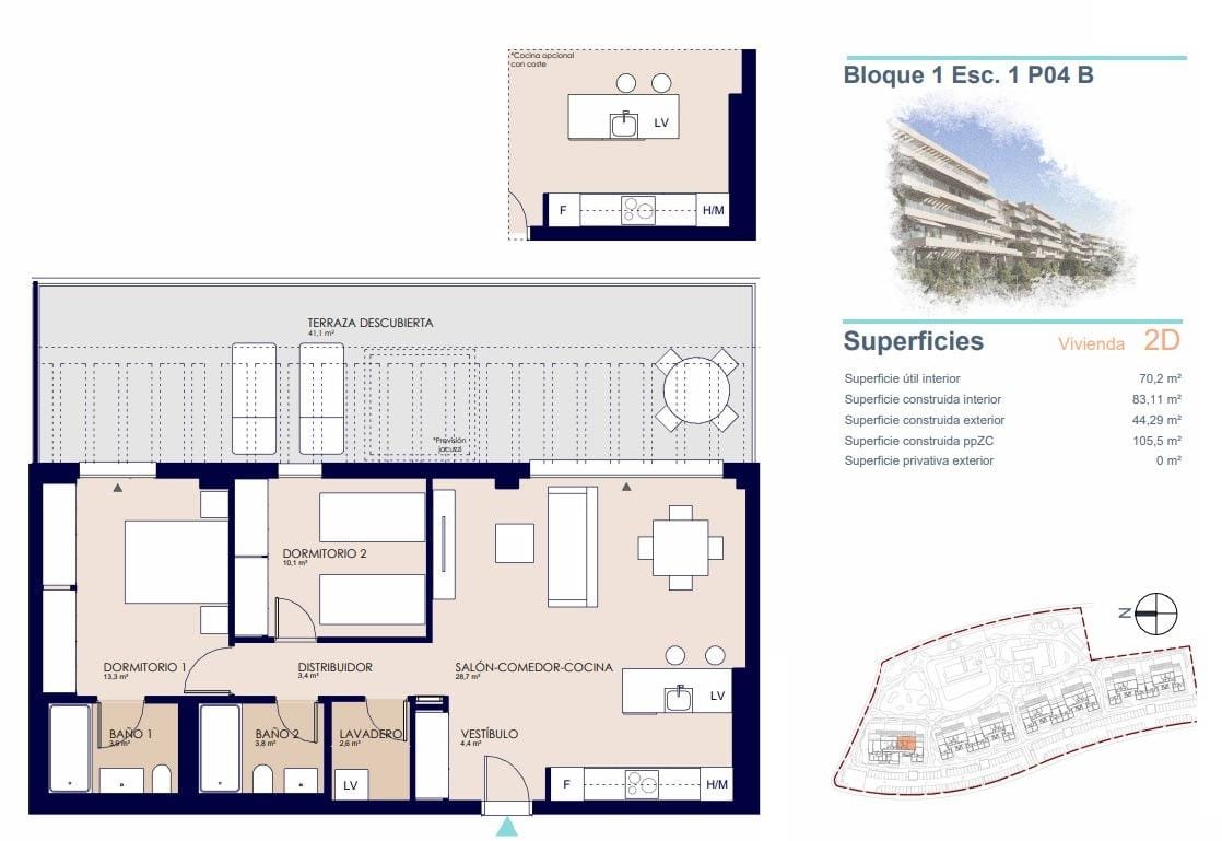 2 bedroom apartment floor plan with large terrace in El Verger, Alicante