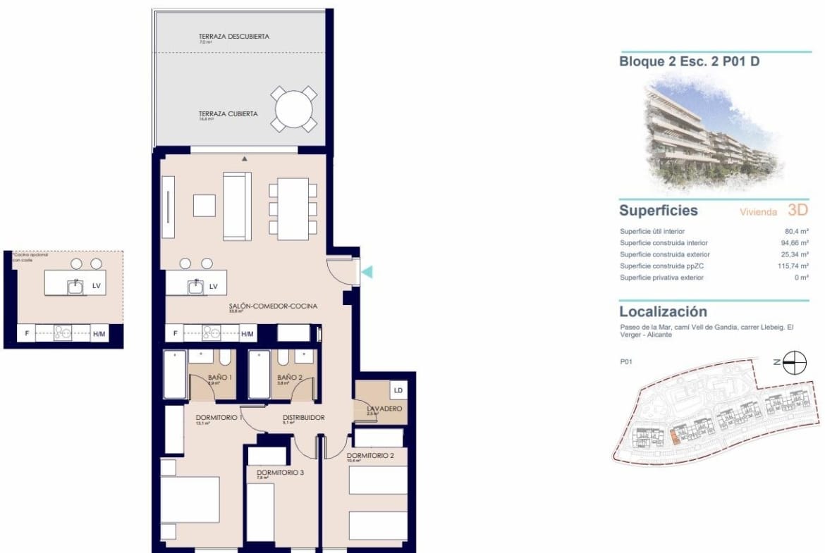 3 bedroom first-floor apartment plan with open-plan living area and terrace